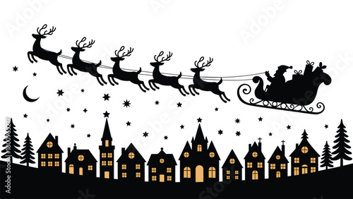 Christmas silhouette scene with santa flying in a sleigh pulled by reindeer over a festive village, perfect for holiday designs, winter artwork, seasonal decoration and creative projects