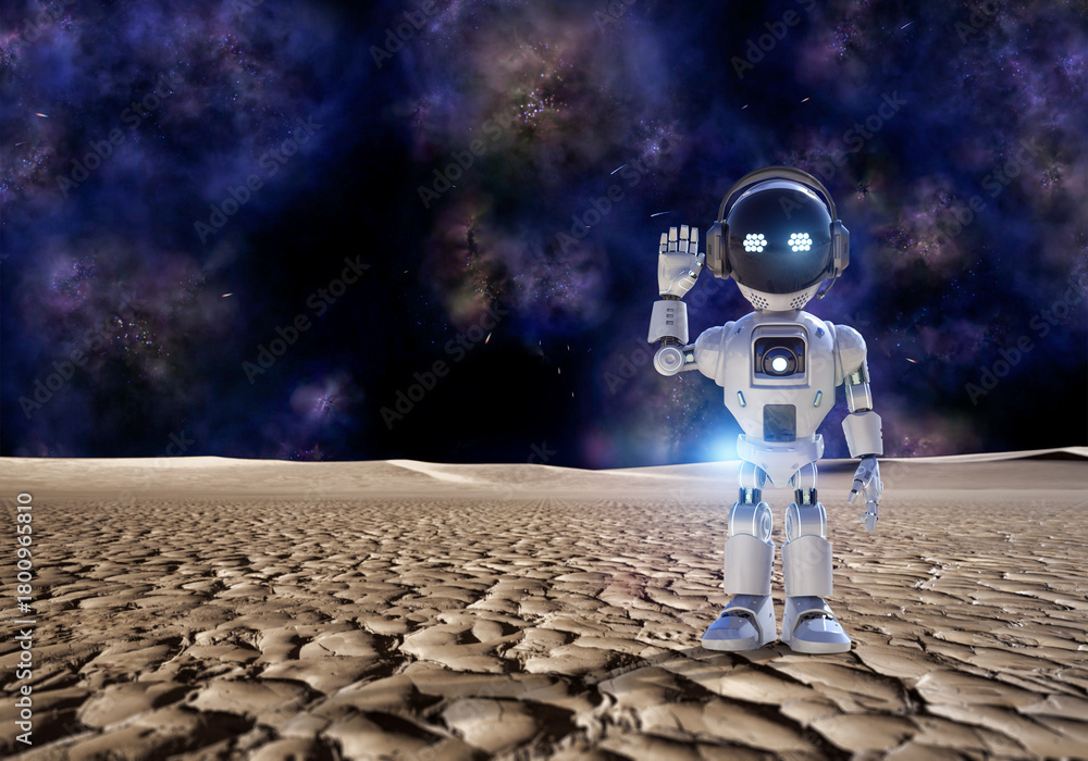 Fototapeta premium Artificial intelligence robot or robotic astronaut hand up for greeting from outer space
