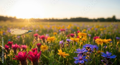 Fototapeta Naklejka Na Ścianę i Meble -  A delicate dragonfly hovers over a vibrant meadow filled with colorful wildflowers at sunset, with the sun casting a warm glow