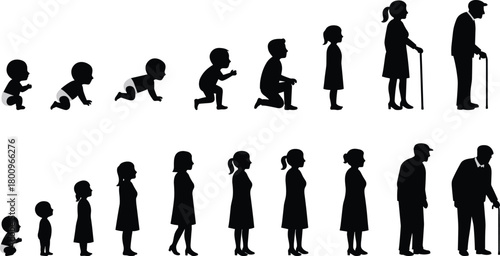 Human life stages evolution silhouette, growing up progression from baby to elderly, aging development concept for education design, cad drawing flat vector illustration