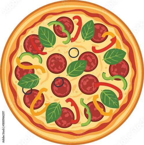 Whole vector pizza with pepperoni slices, green red and yellow bell peppers and fresh basil leaves on a round crust