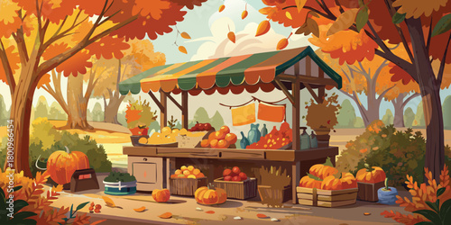 Autumn market vector illustration with pumpkins and fruits seasonal fair background design art
