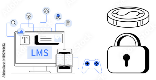 Computer screen with LMS, book, gaming controller, digital coin, secure lock, and connected elements. Ideal for e-learning, technology, innovation security gamification education data simple
