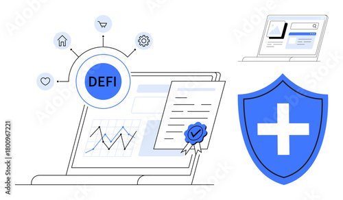 Laptop displaying DeFi, document with certification badge, shield with cross, charts, and icons thumbs up heart and cart. Ideal for fintech, blockchain, security, innovation data analysis finance