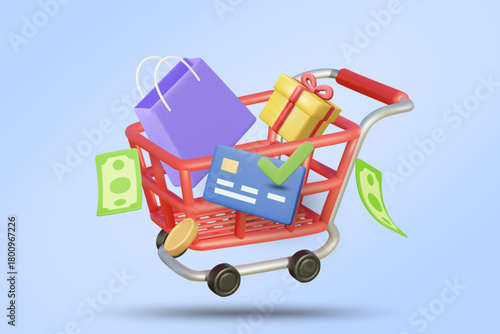 3D vector illustration render of e-commerce shopping concept and secure purchase. Online payment confirmation with credit card, check mark, shopping cart, gift box, bag, coins, banknotes.
