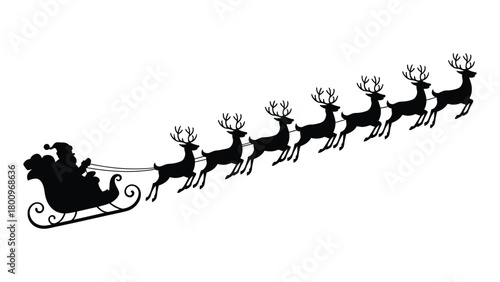 Christmas silhouette of santa riding in a sleigh pulled by eight reindeer in a classic festive scene, perfect for holiday designs, winter artwork, christmas themes and seasonal decoration
