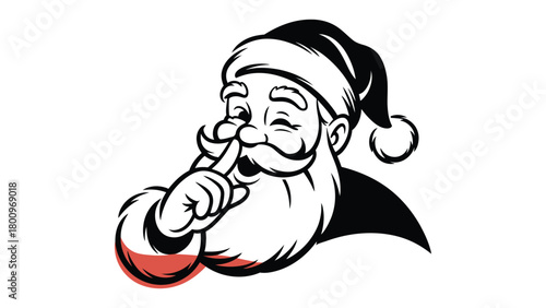 Santa claus making a shushing gesture with a cheerful smile in a classic festive illustration style, perfect for christmas designs, holiday artwork, winter themes and seasonal decoration