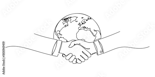 Continuous one line of a handshake under a globe, representing international business, trade, and cooperation, hand drawn vector illustration.