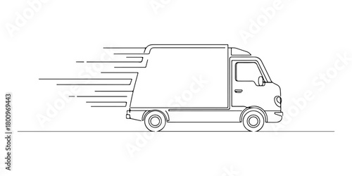 Continuous one line of a delivery truck,  symbolizing logistics, trade, and business growth, hand drawn vector illustration.