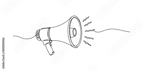 Continuous one line of a megaphone, symbolizing marketing, communication, and influence, hand drawn vector illustration.