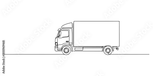 Continuous one line of a delivery truck,  symbolizing logistics, trade, and business growth, hand drawn vector illustration.