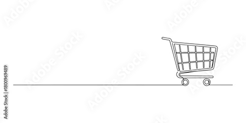 Continuous one line of a shopping cart, representing e-commerce, retail, and business, hand drawn vector illustration.