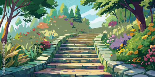 Beautiful garden landscape illustration with stone steps and colorful flowers background image art
