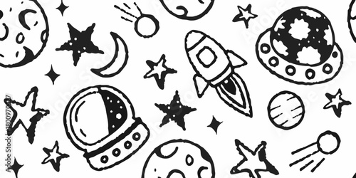 Whimsical hand drawn space pattern featuring rockets planets moons stars and astronaut helmet