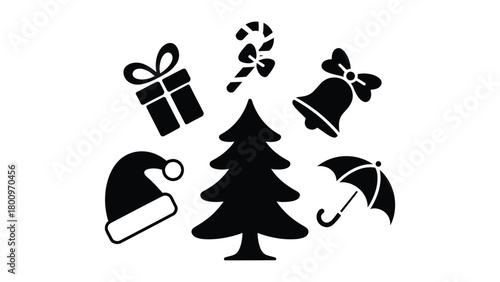 Christmas silhouette icon set featuring tree, gift box, candy cane, bell, santa hat and umbrella, ideal for festive holiday projects, winter artwork