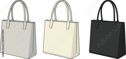 Minimal tote handbag collection in neutral colors, stylish fashion accessory design, modern leather bag template, clean product layout, cad drawing flat vector illustration