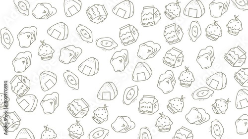 Line drawings of food like onigiri and desserts cater to culinary designs, packaging, and foodrelated content for various creative projects.