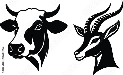 Stylized black and white portraits of a cow and gazelle