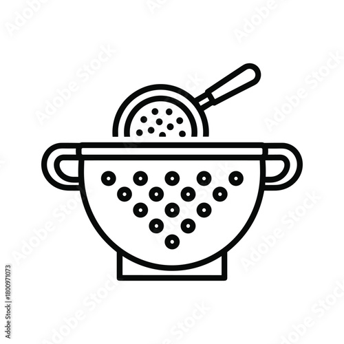 Simple outline icon of a kitchen colander with a slotted skimmer spoon, perfect for culinary and food-related designs.