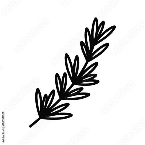 Stylized botanical line art illustration of a small herb sprig or foliage branch, simple minimalist nature doodle element
