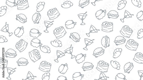 Line art illustrations of various food items such as cake and tacos. Perfect for menus, recipe books, and foodthemed designs.