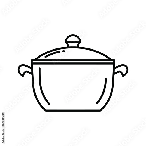 Minimalist line art icon of a cooking pot with lid, handles. perfect for kitchen, food, culinary designs, restaurant menus, recipe blogs, web.