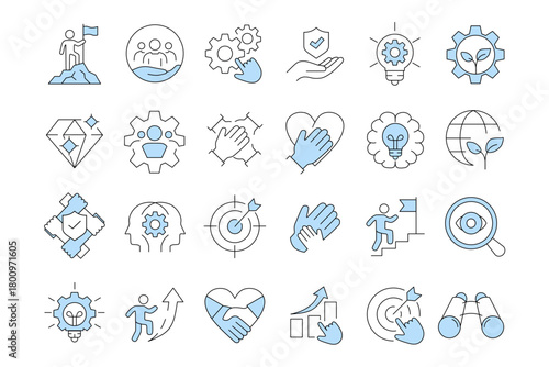 Corporate Core Values Icon Set, Business Ethics and Moral Principles, Minimal Blue Line Vector Illustration