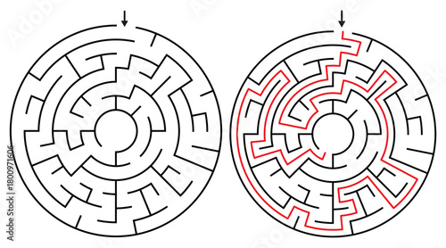 Round Maze Game for Kids and Adults - Easy Circular Maze Game Flat Vector Black and White Outline Illustration.