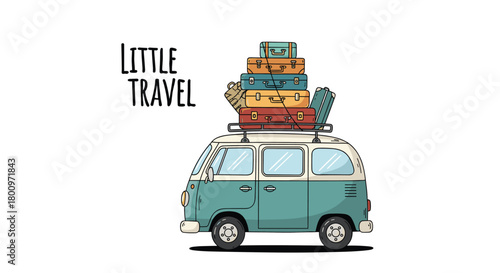 A charming vintage teal and cream camper van with a tall stack of colorful luggage on its roof rack, ready for a little travel adventure.