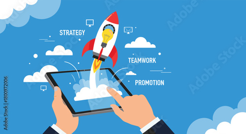 A hand holds a tablet from which a rocket with a lightbulb launches, symbolizing a new business idea taking off with strategy and teamwork.