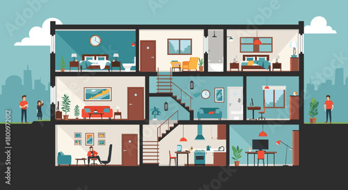 Detailed cross-section illustration of a modern multi-story family house, showcasing various rooms and living spaces with people outside.
