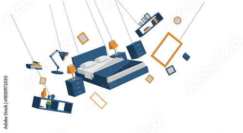 Dynamic flat design illustration of a bedroom's furniture and decor elements, such as a bed, lamps, and frames, deconstructed and suspended.