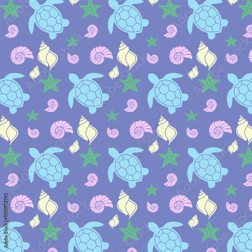 Seamless Pattern of Adorable Cartoon Sea Turtles, Starfish, and Seashells on a Purple Background