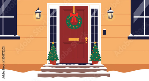 A festive house entrance adorned with Christmas decorations, including a wreath, two small trees, and snow on the steps and ground.