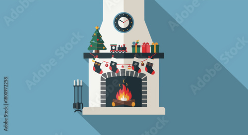 A cozy, flat design illustration of a festive Christmas fireplace adorned with stockings, gifts, a miniature tree, and a burning fire.