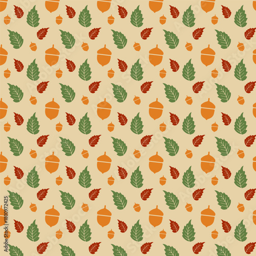 Seamless autumn pattern featuring scattered acorns and a variety of colorful fall leaves in warm earthy tones, perfect for festive seasonal backgrounds, textiles, and decorative designs
