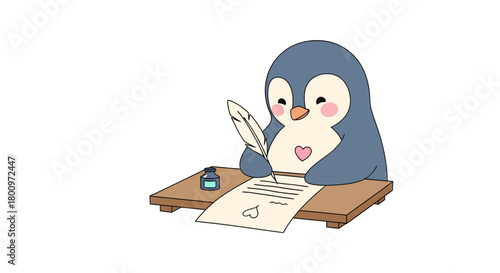 Adorable cartoon penguin meticulously writing a letter with a quill pen and ink, conveying creativity and charm for invitations or educational materials.