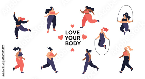 Diverse group of plus-size women celebrating body positivity and active lifestyles through various fitness activities.