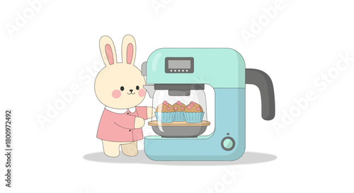 Adorable bunny baker proudly presents freshly baked cupcakes emerging from a cute, modern kitchen appliance