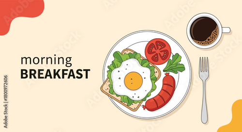 A delicious morning breakfast plate with a fried egg on toast, savory sausage, fresh tomato, and a steaming cup of coffee, on a light background.