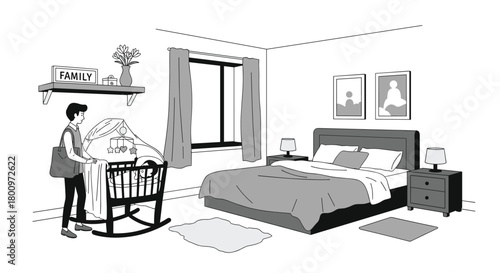 A parent stands beside a baby's bassinet in a cozy, well-furnished bedroom, highlighting themes of family and new parenthood.