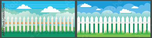 Cartoon fence background with clouds and sky for kids website or presentation template design concept
