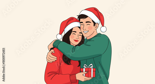Cheerful couple in Santa hats shares a loving embrace and a Christmas gift, celebrating the joyous holiday season.