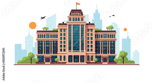 Detailed flat design illustration of a grand hotel building with a prominent \.