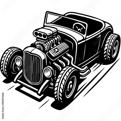 traditional hot rod roadster with open wheels, top-down angle showing engine details