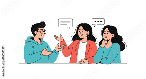 Three young professionals engage in a lively discussion, sharing ideas and actively listening during a team meeting or casual conversation.