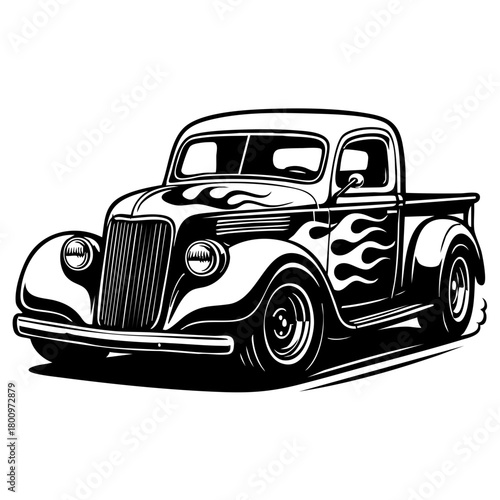 1940s hot rod pickup with custom flames and lowered stance
