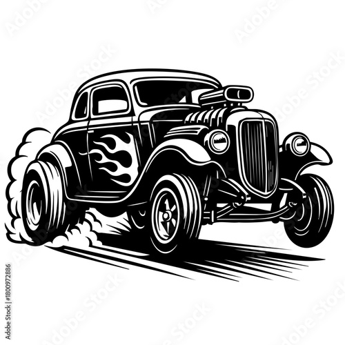 classic hot rod gasser lifting off the line, exaggerated stance and front wheels raised