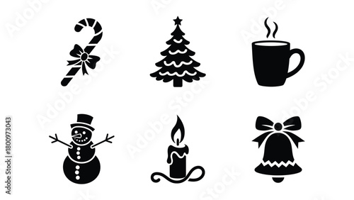 Festive Christmas icon set featuring candy cane, christmas tree, hot drink mug, snowman, burning candle, and jingle bell silhouette symbols perfect for holiday designs and decoration