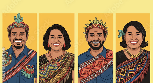 Illustrated portraits of two men and two women wearing colorful traditional clothing against a yellow background.